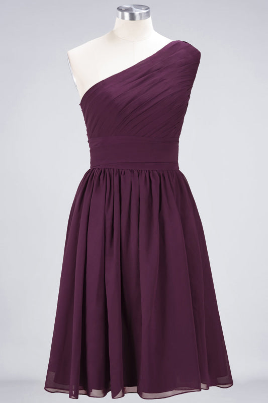 One Shoulder Ruffle Short Burgundy Bridesmaid Dresses Chiffon