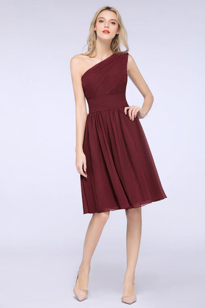 One Shoulder Ruffle Short Burgundy Bridesmaid Dresses Chiffon