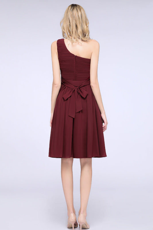 One Shoulder Ruffle Short Burgundy Bridesmaid Dresses Chiffon