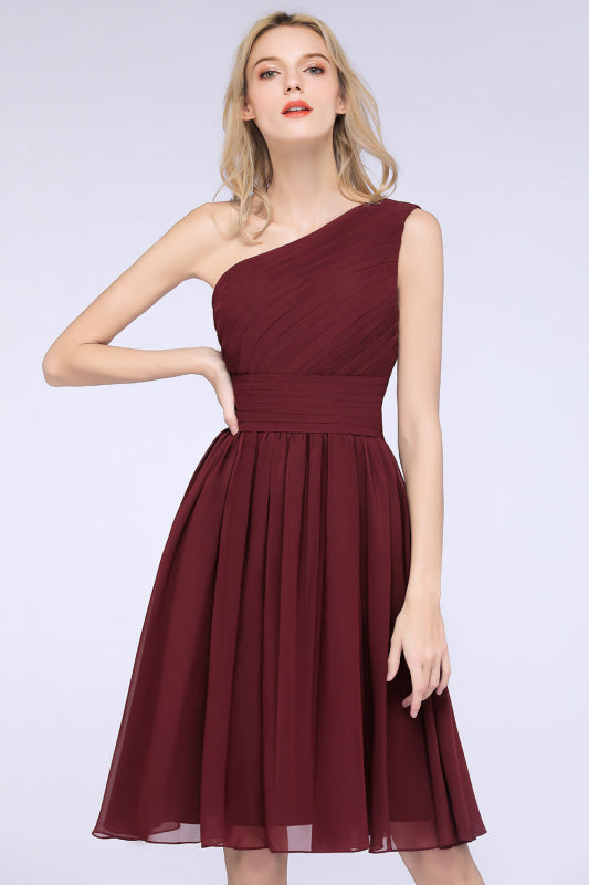 One Shoulder Ruffle Short Burgundy Bridesmaid Dresses Chiffon
