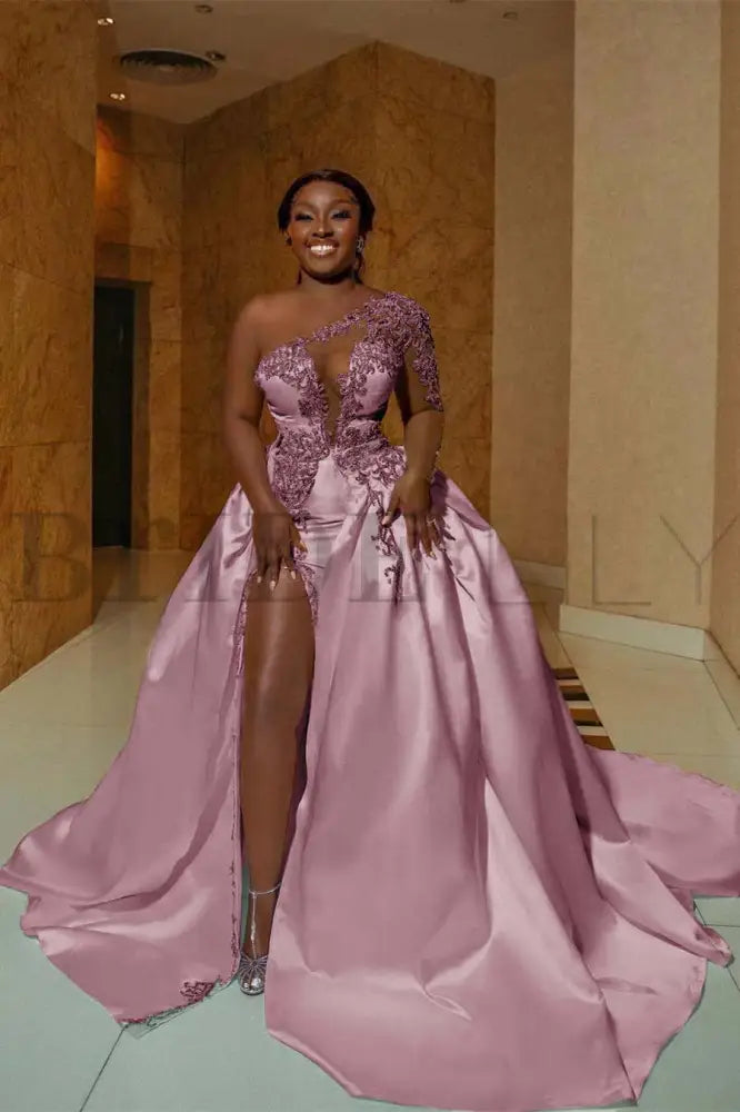 One Shoulder Satin Aline Wedding Dresses Front Slit Wedding Gown with Train