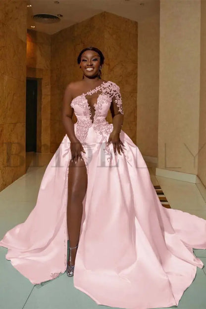 One Shoulder Satin Aline Wedding Dresses Front Slit Wedding Gown with Train