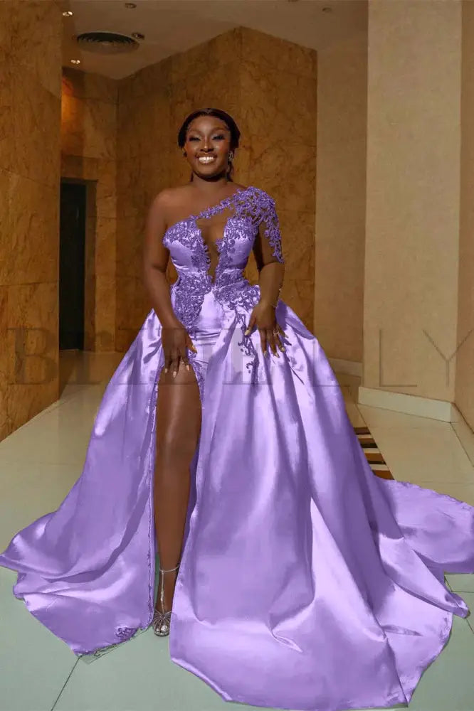 One Shoulder Satin Aline Wedding Dresses Front Slit Wedding Gown with Train