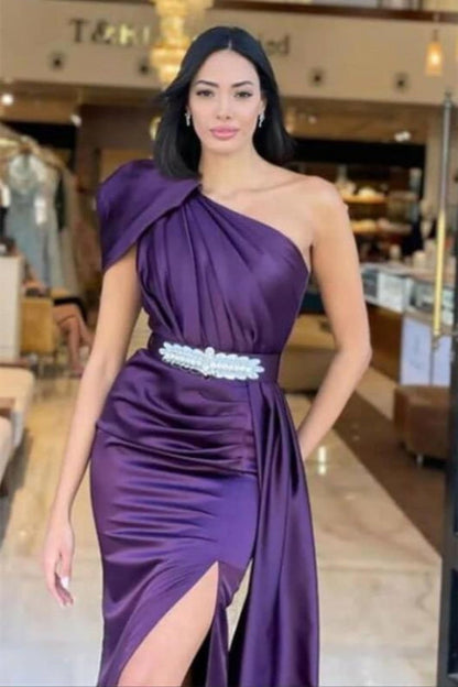 One Shoulder Satin Prom Dress Long with Split Ruffle Evening Dress