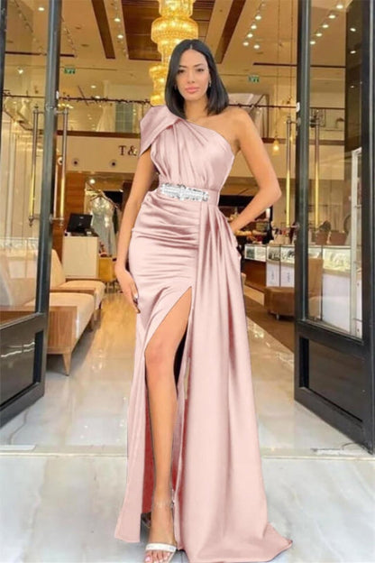 One Shoulder Satin Prom Dress Long with Split Ruffle Evening Dress