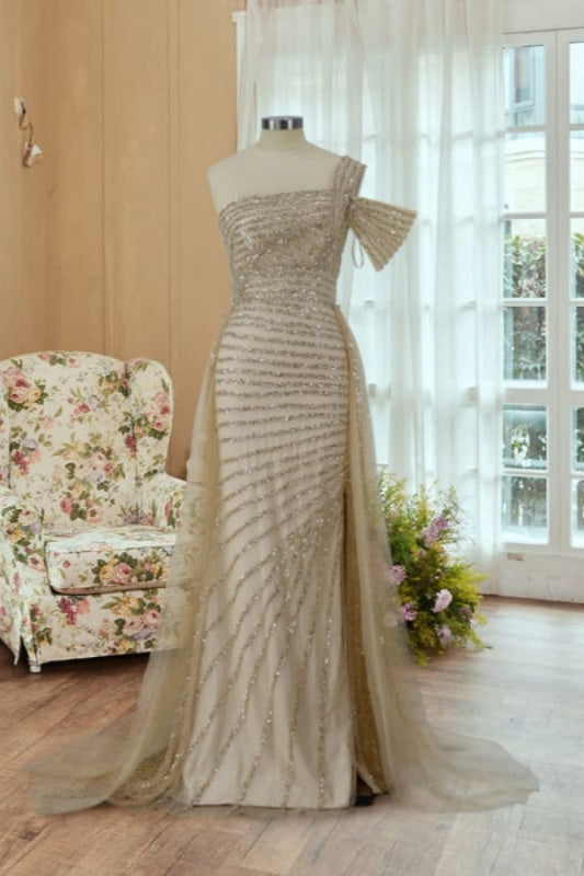 One-Shoulder Sequined Prom Gown with Trail Slit