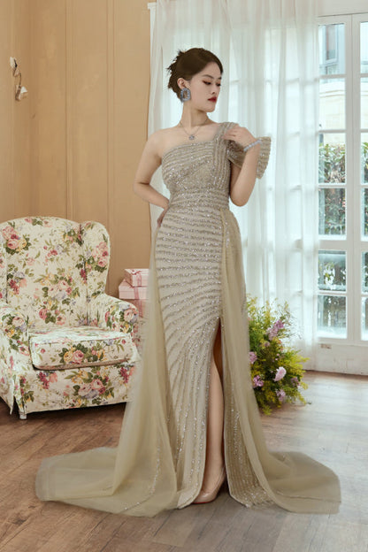 One-Shoulder Sequined Prom Gown with Trail Slit