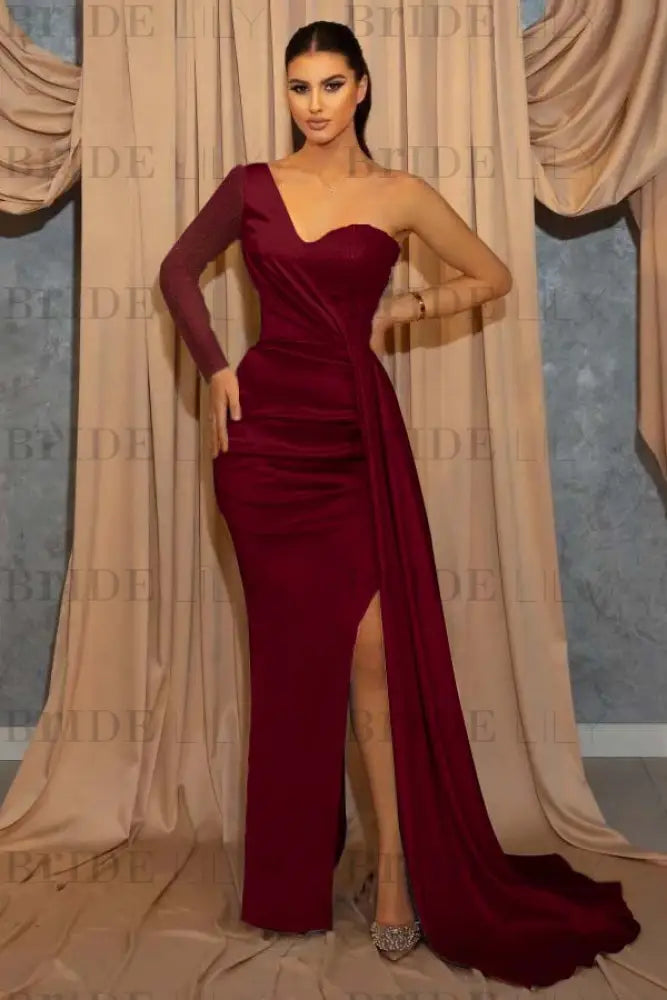 One Shoulder Sky Blue Sequin Evening Dress with Split