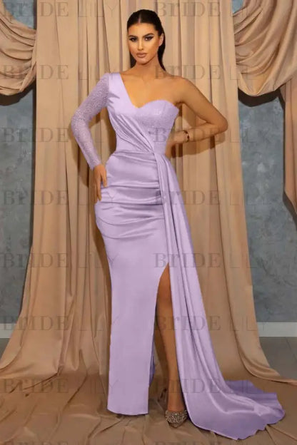 One Shoulder Sky Blue Sequin Evening Dress with Split