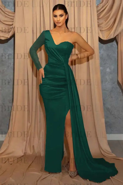 One Shoulder Sky Blue Sequin Evening Dress with Split