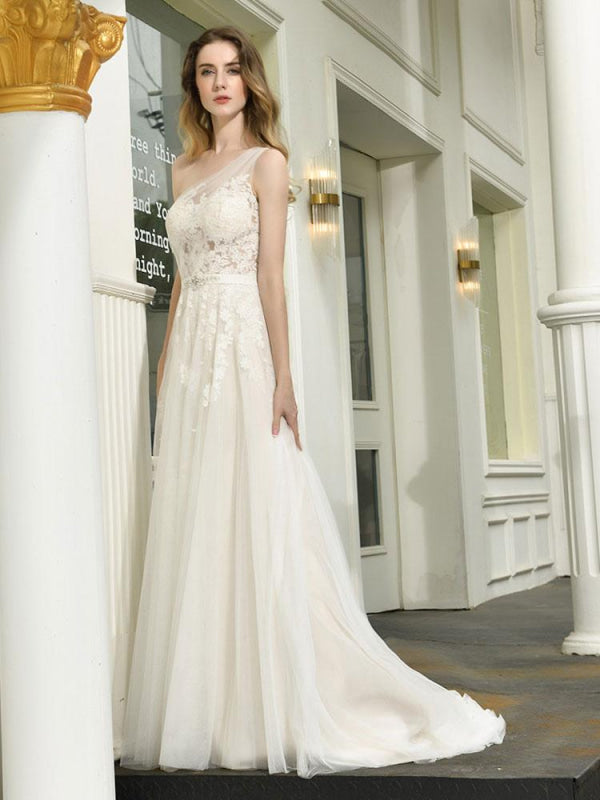 One Shoulder Sleeveless Buttons Bridal Dresses With Train