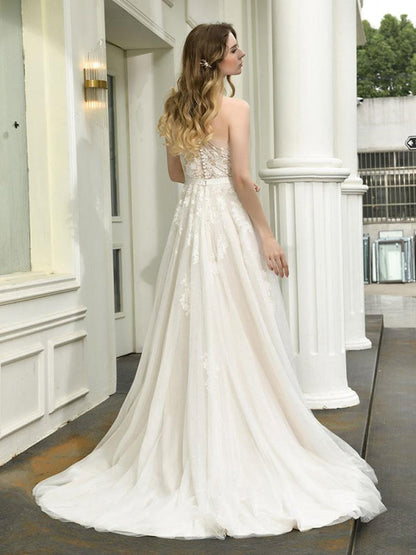 One Shoulder Sleeveless Buttons Bridal Dresses With Train
