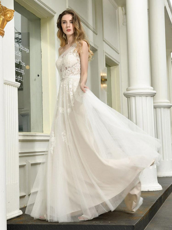 One Shoulder Sleeveless Buttons Bridal Dresses With Train