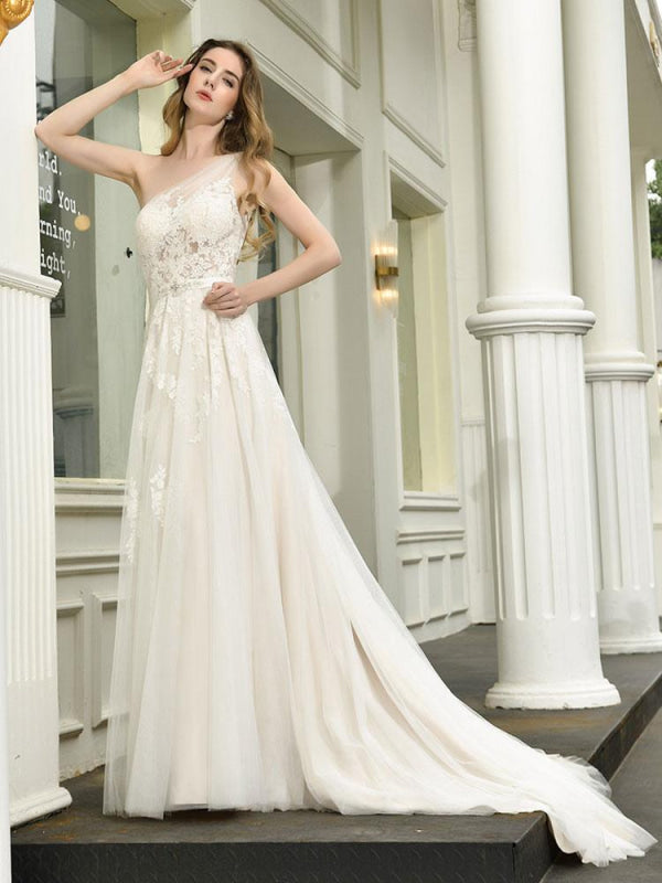 One Shoulder Sleeveless Buttons Bridal Dresses With Train