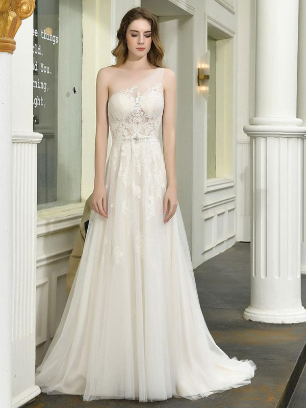 One Shoulder Sleeveless Buttons Bridal Dresses With Train