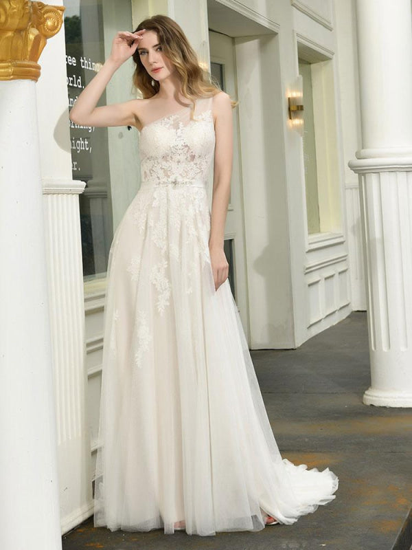 One Shoulder Sleeveless Buttons Bridal Dresses With Train