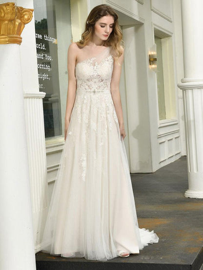 One Shoulder Sleeveless Buttons Bridal Dresses With Train