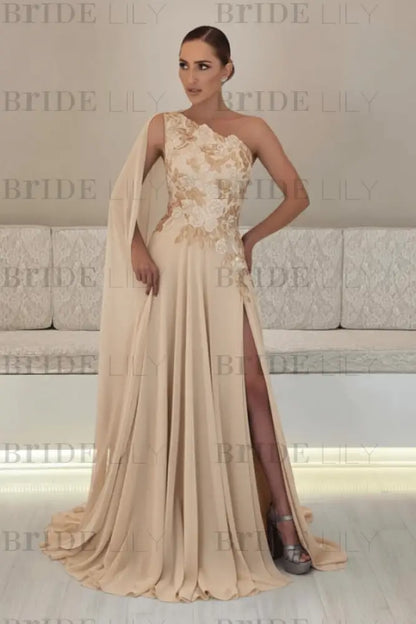 One-Shoulder Sleeveless Chiffon Evening Dresses Long with Side Slit