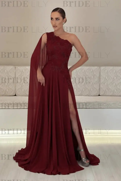 One-Shoulder Sleeveless Chiffon Evening Dresses Long with Side Slit