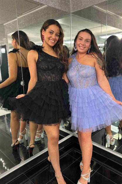 One Shoulder Red Lace Corset Ruffle Short Homecoming Dress