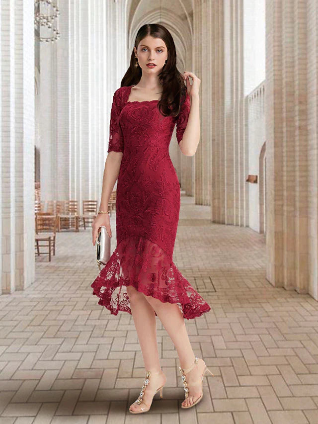 Mermaid / Trumpet Mother of the Bride Dress Vintage Elegant High Low Square Neck Asymmetrical Tea Length Lace Half Sleeve with Ruffles Appliques