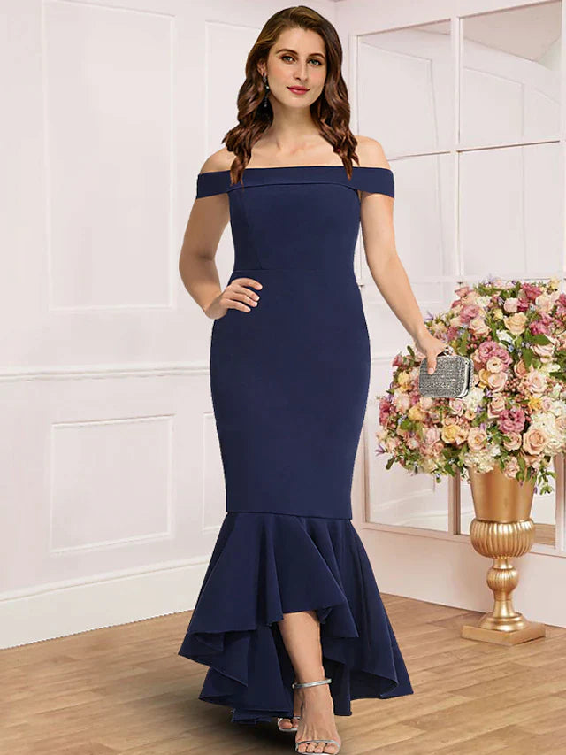 Plus Size Curve Mother of the Bride Dress Wedding Guest Party Elegant Off Shoulder Asymmetrical Stretch Fabric Cap Sleeve with Pleats Solid Color