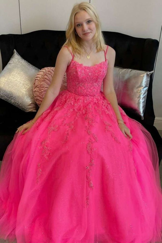 Open Back Hot Pink Tulle Lace Long Prom Dresses, Hot Pink Lace Formal Graduation Evening Dresses
