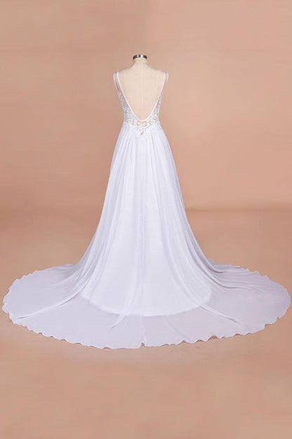 Open Back V-neck Lace Chiffon Wedding Dress