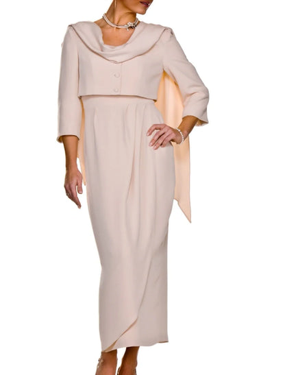 Two Piece Sheath / Column Mother of the Bride Dress Wedding Guest Elegant Square Neck Ankle Length  Fabric Sleeveless Short Jacket Dresses with Buttons Pleats
