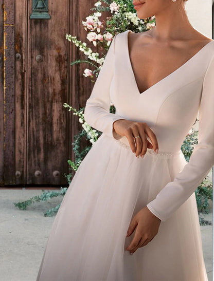 Aimishang Reception Simple Wedding Dresses Wedding Dresses Sheath / Column V Neck Sleeveless Ankle Length Satin Bridal Gowns With / Solid Color