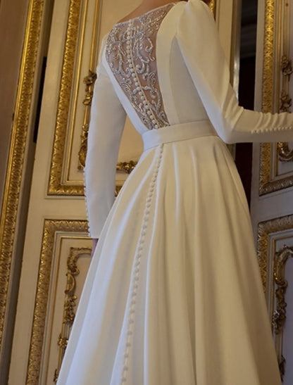 Aimishang Engagement Formal Fall Wedding Dresses A-Line Scoop Neck Long Sleeve Floor Length Satin Bridal Gowns With Sashes / Ribbons Buttons Summer Wedding Party
