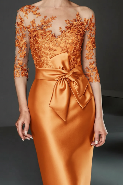 Bateau 3/4 Long Sleeves Satin Mother of the Bride Dresses with Lace