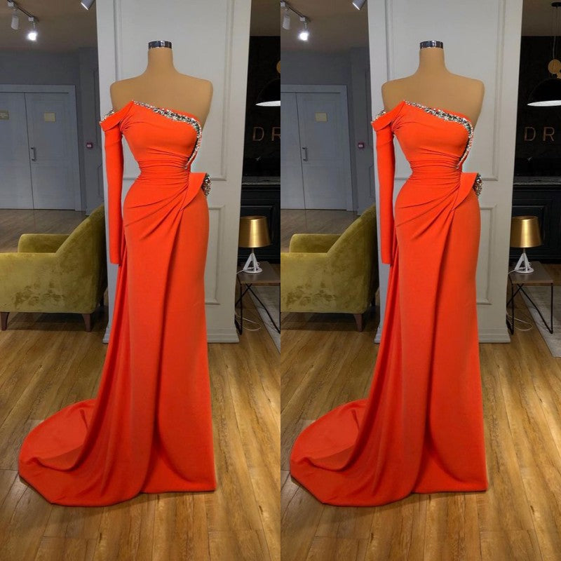Orange One-Shoulder Long Sleeve Crystal Prom Dress