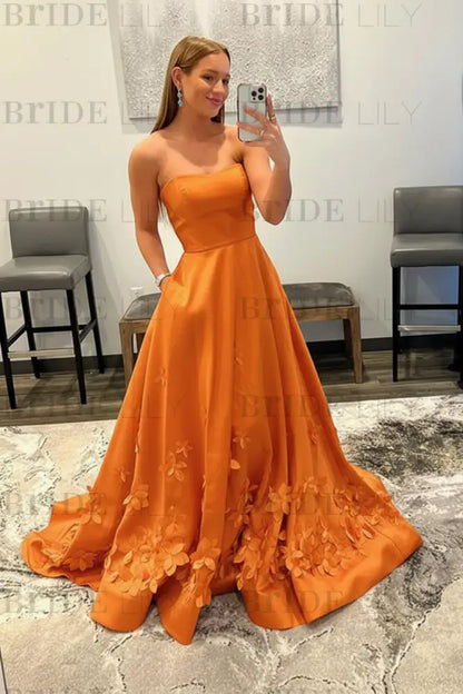 Strapless Light Blue Satin Prom Dresses 3D Flowers A-line Evening Dresses with Pocket