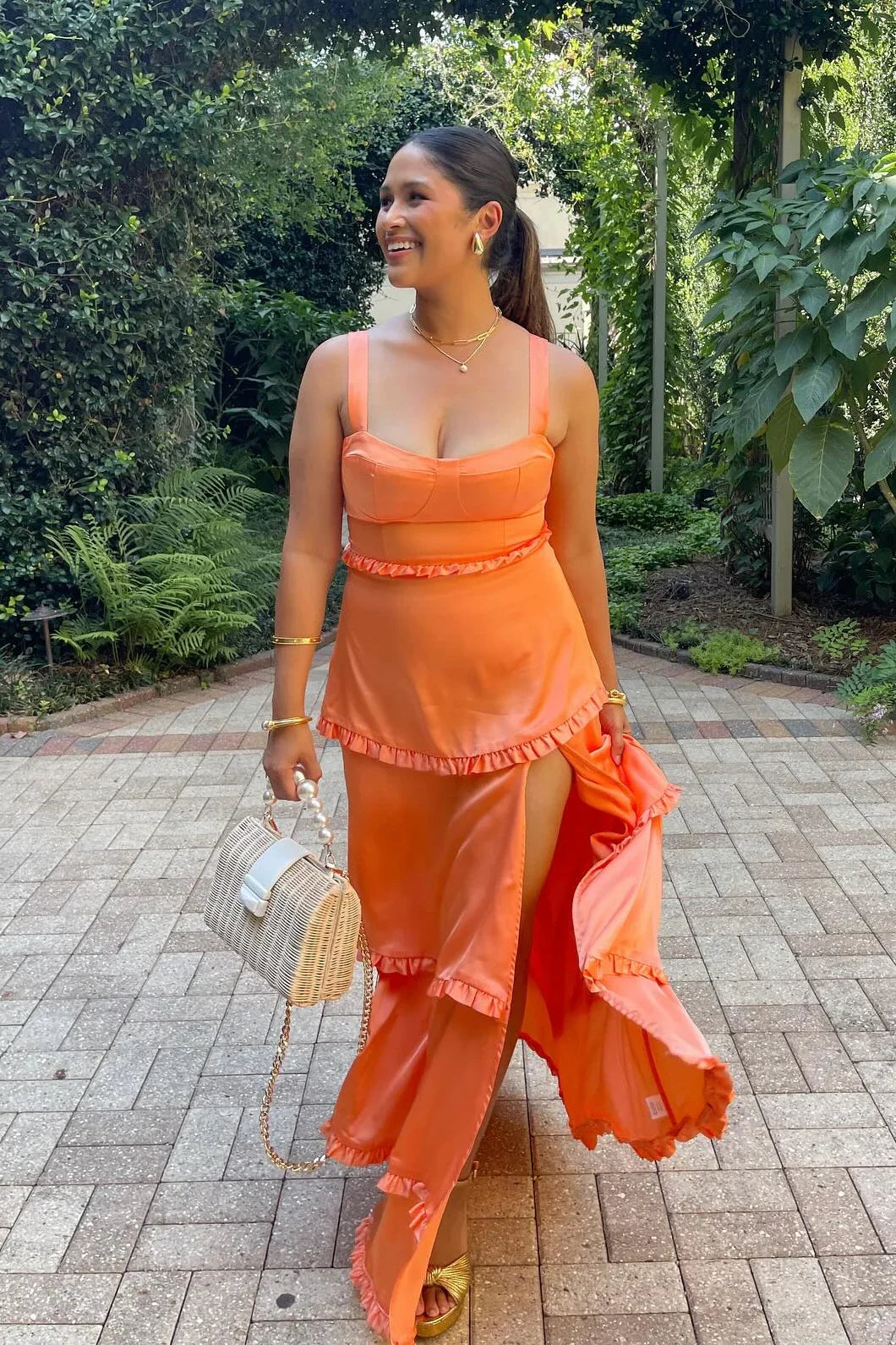 Aimishang Orange Corset Tiered Long Party Dresss Charming Evening Dress With Slit