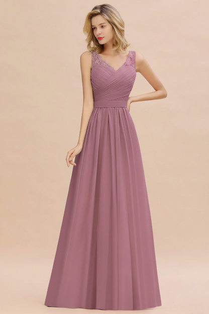 Modest Floral Lace A-line Bridesmaid Dress V-Neck Ruched Chiffon Wedding Guest Dress