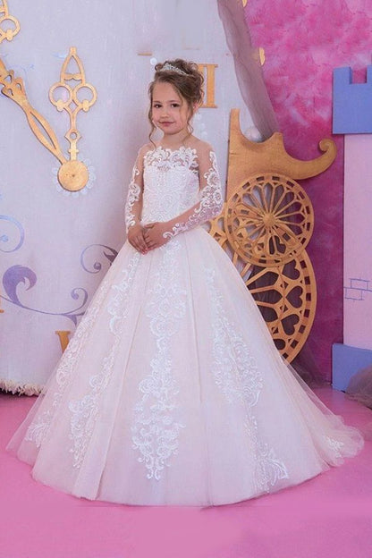 Organza Long Sleeves Scoop Ball Gown Flower Girl Dresses with Appliques