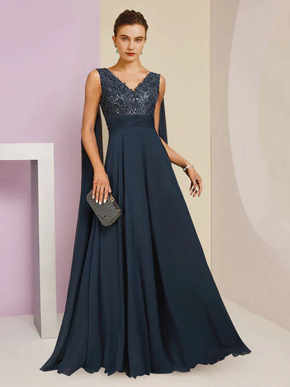 Sheath / Column Mother of the Bride Dress Formal Party Elegant V Neck Floor Length Chiffon Lace Sleeveless with Pleats Sequin
