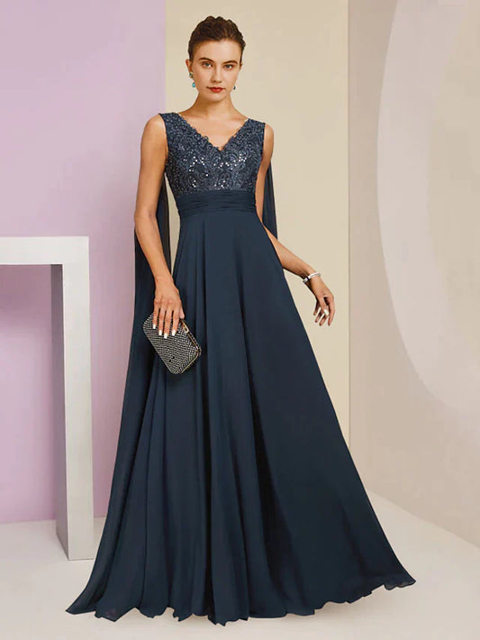 Sheath / Column Mother of the Bride Dress Formal Party Elegant V Neck Floor Length Chiffon Lace Sleeveless with Pleats Sequin