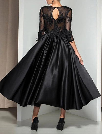Aimishang A-Line Evening Gown Elegant Dress Wedding Guest Cocktail Party Ankle Length 3/4 Length Sleeve Illusion Neck Fall Wedding Guest Satin with Appliques