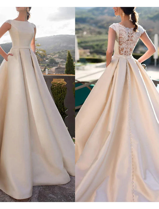 Aimishang Hall Royal Style Wedding Dresses A-Line Scoop Neck Sleeveless Court Train Satin Bridal Gowns With Pearls Appliques