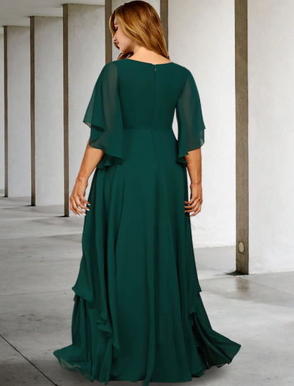 Aimishang  A-Line Mother of the Bride Dresses Plus Size Hide Belly Curve Elegant Dress Formal Sweep / Brush Train Half Sleeve V Neck Chiffon with Ruffles Strappy