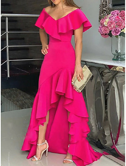 A-Line Evening Gown Minimalist Dress Wedding Guest Homecoming Asymmetrical Sleeveless Off Shoulder  Satin with Ruffles Slit