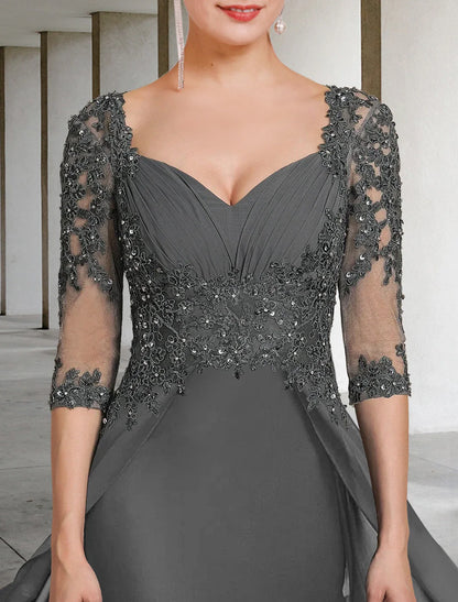 Aimishang Sheath / Column Mother of the Bride Dress Formal Wedding Guest Party Elegant Square Neck Floor Length Chiffon Lace 3/4 Length Sleeve with Sequin Appliques Ruching