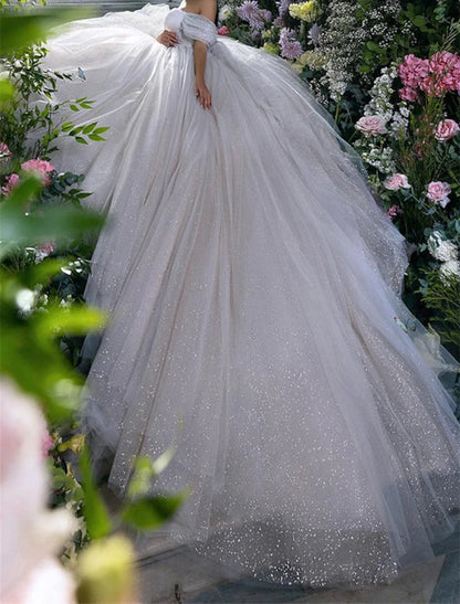 Aimishang Engagement Sparkle & Shine Formal Wedding Dresses Ball Gown Off Shoulder Cap Sleeve Chapel Train Sequined Bridal Gowns With Solid Color