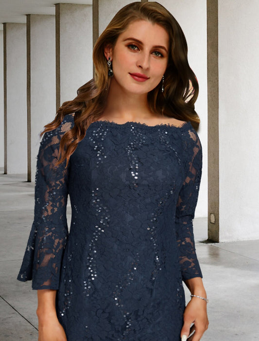 Aimishang A-Line Mother of the Bride Dresses Plus Size Hide Belly Curve Vintage Dress Formal Tea Length 3/4 Length Sleeve Jewel Neck Lace with Sequin Appliques