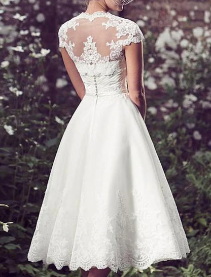 Aimishang Reception Vintage 1940s / 1950s Wedding Dresses A-Line Sweetheart Cap Sleeve Tea Length Lace Bridal Gowns With Appliques