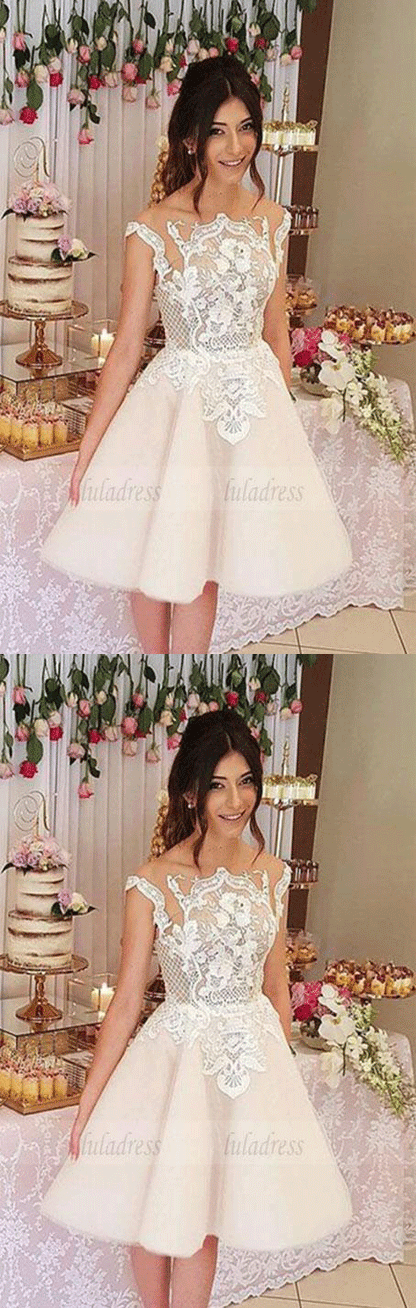 Appliques Tulle Party Dress, Sheer Back Short Homecoming Dress, Elegant Prom Dress