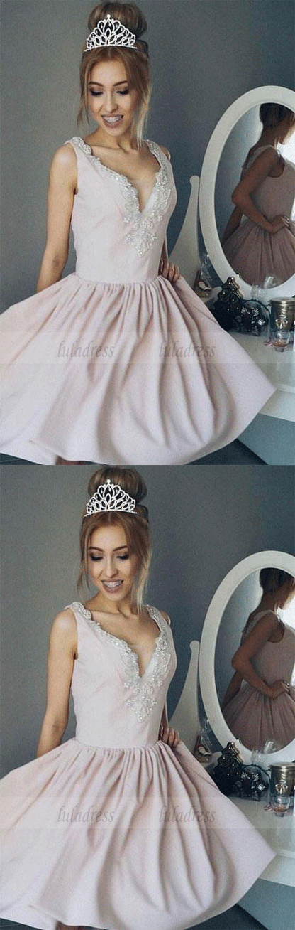A-Line V-Neck Ruched Short Pearl Pink Satin Homecoming Dress with Beading