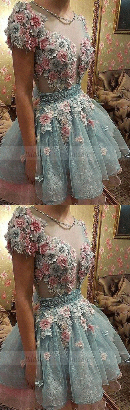 Cute 3D flowers short prom dress, homecoming dress